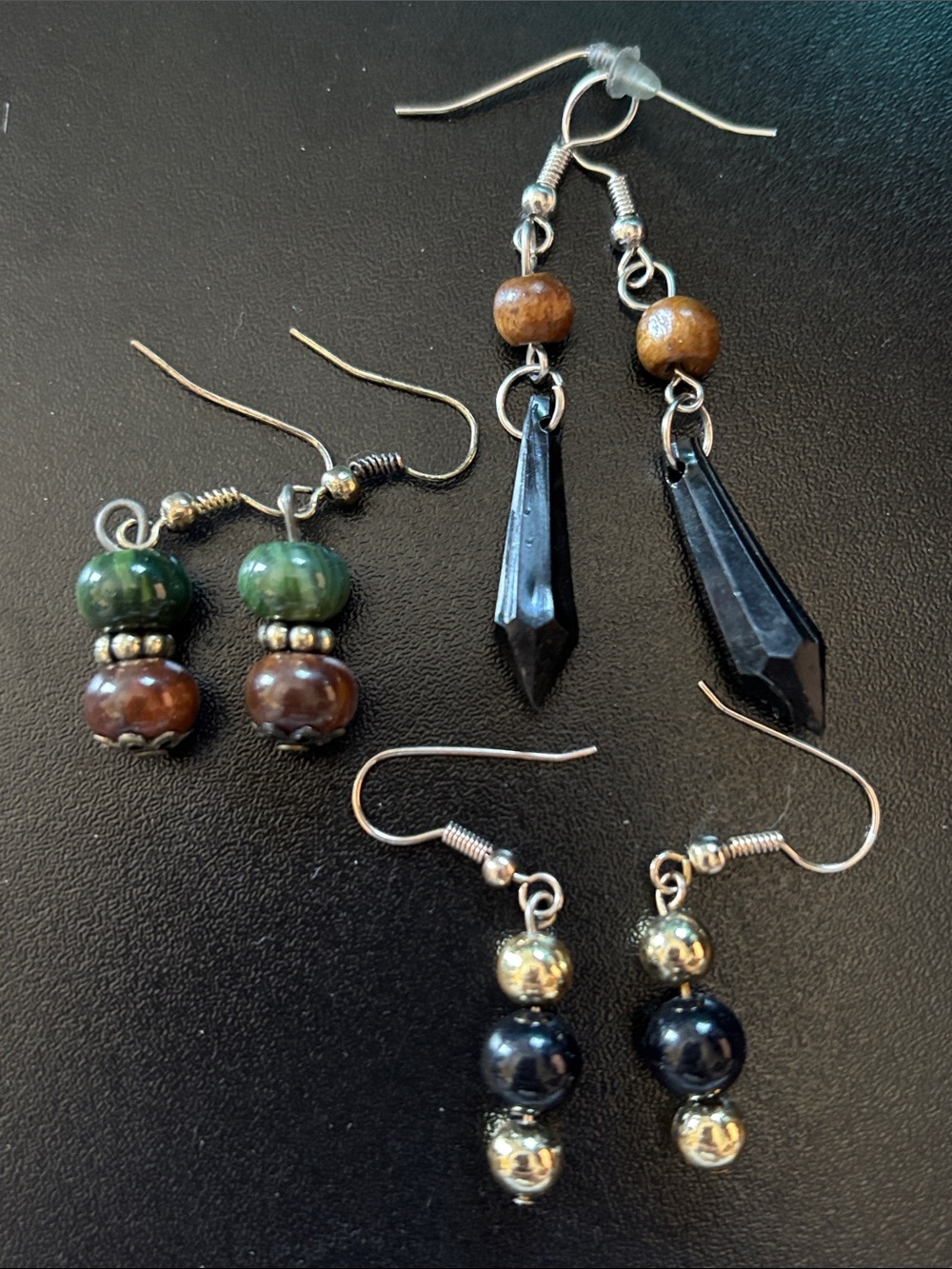 Triple-Pair Mixed Bead Drop Earrings - Green, Brown & Black
